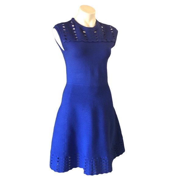 Ted Baker Royal Blue Zaralia Fit & Flare Knit Dress Full Skirt Bodice Cut Outs - Picture 3 of 15